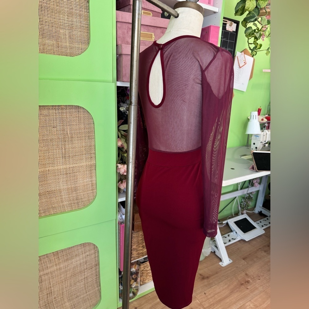 Burgundy Sheer Top Long Sleeve Dress - Picture 2 of 3